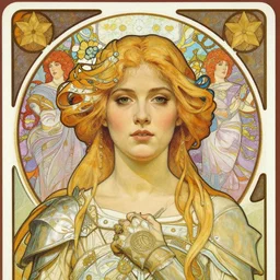 masterpiece head-on symmetrical centered painted portrait, Imogen Poots as Elden Ring paladin, blonde hair, elegant, in the style of ROSSDRAWS and Ross Tran and Alphonse Mucha and Ayami Kojima and Charlie Bowater and Jean Delville, tarot card style, Art Nouveau, rich bright colours