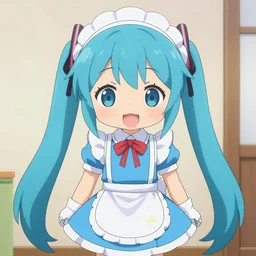 a cute robot maid in blue maid costume , long hair, anime style.