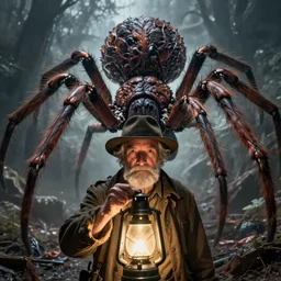 fantasy art of an old - fashioned explorer facing the viewer and holding a lamp in front of him, illuminating an enormous monstrous spider right behind him, dramatic lighting, close up, low angle, wide angle, creepy, horrific, realistic, highly detailed digital art