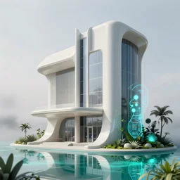 highly detailed futuristic architecture by Frank Lloyd Wright, reflective lighting, holographic, stylized vegetation, ground-level view, puddles of turquoise water, foggy atmosphere, stunning sunny lighting, sunrise, vivid colors, in the style of pixar animation, trending on Artstation, 8k, matte painting, ray tracing, hyper detailed, unreal engine 5, cinematic, epic lighting, cryengine, octane render, cyberpunk, red and orange glow, vibrant
