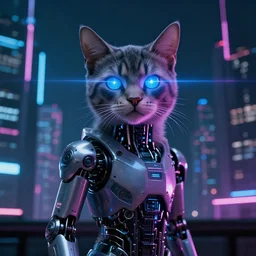 Synthwave cyborg cat with cybernetic limbs and laser eyes in front of a cyberpunk cityscape. Cyberpunk, dark, 8k resolution .