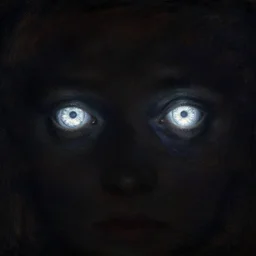 a pair of glowing silver eyes shining in the darkness. by greg rutkowski. monet.