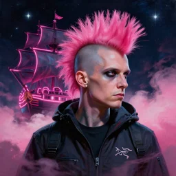 brutal clothing, beautiful clear faces by tom bagshaw, portrait big dark punk, pink, mohawk, arcteryx, space, hyperdetailed illustration, stars, neon, oil painting, rich deep colors masterpiece, ultra detailed, contrast, heaven pink, clouds, volumetric light, atmospheric lighting, pirate neon ship, dramatic, cinematic, moody, octane render 4 k, 8 k