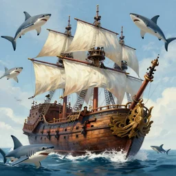 elaborate pirate ship surrounded by sharks, low angle, digital painting, mixed media, trending on artstation and deviantart, epic composition, highly detailed, 8 k