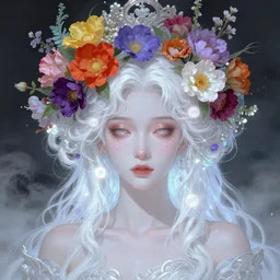 a colorful and vibrant majestic white queen with flowers on her hair, the open eye that drops a tear, glowing light orbs, intricate concept art, elegant, digital painting, smooth, sharp focus, ethereal opalescent mist, deep colors, outrun, vaporware, cyberpunk darksynth, ethereal, ominous, misty, 8 k, by ruan jia and miho hirano, 8 k, rendered in octane