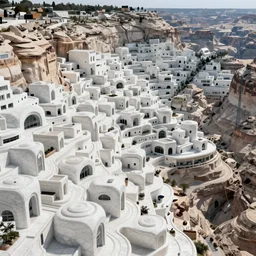 A futuristic white marble city fill Mesa Verde canyon to the brim, but not higher, dense, populated, arial view from a drone, sunrise on a summer day, 8K HDRI, hyper photo realistic.