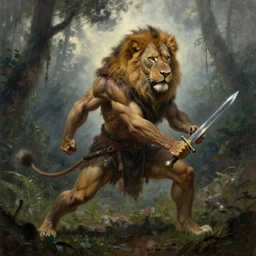 muscular lion as barbarian hunter with sword  , battle pose ,very textured detailed oil painting panoramic 4k hires detailed portrait by rembrandt,  dramatic clouds, rain in the foggy jungle  ,sun rays through trees