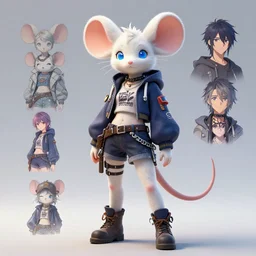 character reference of a female anthropomorphic albino mouse fursona wearing cyberpunk skater clothes. character design by disney, charlie bowater, ross tran, artgerm, and makoto shinkai, detailed, soft lighting, rendered in octane
