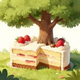a tree that grows slices of cake, digital art, illustration, high detail
