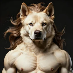 chinese propaganda poster with dog as a god as the centerpiece, detailed face, gorgeous, amazing, flowing hair, very muscular male body