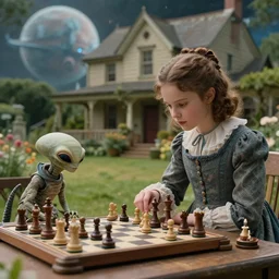 sharp, highly detailed, film still from a sci fi blockbuster color movie made in 2019, set in 1860, of a girl playing chess with their small pet humanoid alien creature, in the garden of a house on an alien planet, are all wearing 1860s era clothes, cinematic lighting, in focus, 350mm f/1.4L lens