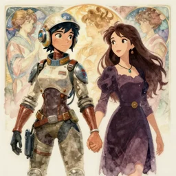 character concept art, science fiction, tomboy butch woman engineer, holding hands with long - haired brunette goth woman, studio ghibli, pixar and disney animation, sharp, disney concept art watercolor illustration by mandy jurgens and alphonse mucha and alena aenami, pastel color palette, dramatic lighting, highly detailed