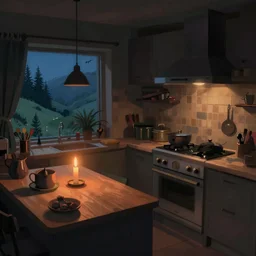 weird perspective epic illustration of a kitchen dim lit by 1 candle in a scenic environment by Chiho Aoshima