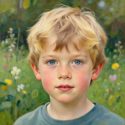 a cute seven year old boy with tousled blonde hair and blue eyes in a lovely garden, beautiful painting by raymond swanland and magali villanueve, highly detailed face