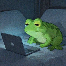 peepo the frog lying on his bed with a laptop, crying as his heart breaks after reading an announcement on discord, sad lo-fi vibes, dramatic