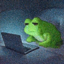 peepo the frog lying on his bed with a laptop, crying as his heart breaks after reading an announcement on discord, sad lo-fi vibes, dramatic