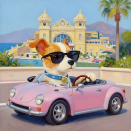 a painting of a hipster dog driving a convertible in monte carlo, in the style of greg rutkowski