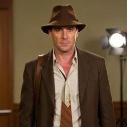 dwight schrute ( the office, rainn wilson ) cosplaying as indiana jones, dragoncon, flash photography, photorealistic