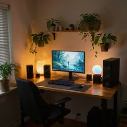 a cozy HYGGE gaming station, dim lights, many plants