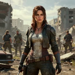 fallout 5, charismatic beautiful rugged brunette female protagonist, portrait, outdoors ruined cityscape, atmospheric lighting, painted, intricate, volumetric lighting, beautiful, daytime, sunny weather, slight overcast, sharp focus, deep colours, ultra detailed, by leesha hannigan, ross tran, thierry doizon, kai carpenter, ignacio fernandez rios