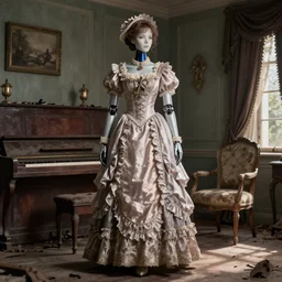 detailed well - preserved photo of female android in beautiful victorian dress standing in decaying guest room with piano and chair
