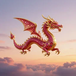 A dragon made of rubies and gold flying in sunset clouds