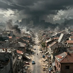 landscape, Massive earthquak destroying a town street, dramatic lighting, cinematic, by WLOP, eddie mendoza, simon stålenhag, raphael lacoste, extremely high detail, photo realistic, cinematic lighting, post processed, concept art, trending on artstation, matte painting