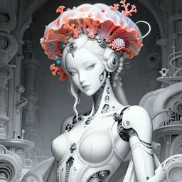portrait of an absurdly beautiful, graceful, sophisticated, fashionable cyberpunk mechanoid, hyperdetailed illustration by irakli nadar and alexandre ferra, intricate linework, white porcelain skin, faberge, coral and jellyfish headdress, octane render, gsociety, global illumination, radiant light, detailed and intricate environment