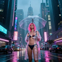 city of the future, many skyscrapers, blade runner style, hyper-realistic, octane render, realistic, real, street, rain, beautiful girl with umbrella wearing bikini and clear raincoat with pink hair, cinematic, 8k, very intricate, 80's, night
