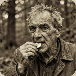 old retro burnt out sepia photograph with scratches of an old and wrinkled man biting into a golden coin with his teeth. magical forest in the background with bokeh. Antique. High quality 8k. Intricate. Sony a7r iv 35mm. Award winning.