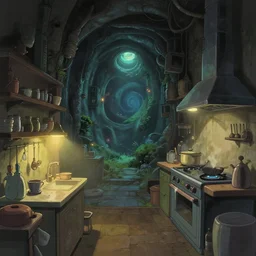 naive nerikomi, weird perspective, extra narrow, detailed illustration of a kitchen dim lit by flashlight in a scenic spiral environment by ghibli, trending artstation, sci - fi art