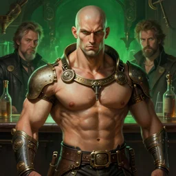 steampunk male bald bodybuilder, bar background, digital painting, green light, detailed, highly detailed, smooth, sharp focus, illustration by ruan jia and mandy jurgens and william - adolphe bouguereau, artgerm
