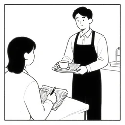 a newspaper comic. line draw. a waiter serving a coffee to a sitting person writing.