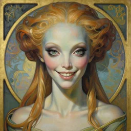 a stunning art nouveau bust portrait of a beautiful and complex alien queen with strong confident eyes and a playful smile, sensual frontal declotage, perfect symmetrical facial features, extremely hyperdetailed, mixed media painting, unreal engine, 8 k, octane, 8 mm, by travis charest, chris achilleos and olivia de bernardinis