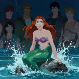 sophie turner as the little mermaid splashed onto a rock ocean wave by Gil Elvgren Stanley Artgerm Lau, WLOP, James Jean, Andrei Riabovitchev, Marc Simonetti, Yoshitaka Amano, ArtStation, CGSociety, cinematic lighting, shining eyes, art nouveau