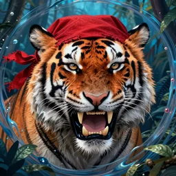 close up portrait of anthropomorphized tiger, growling, strong and ferocious, red tattered bandana, jungle environment by artgerm, cushart krenz, greg rutkowski, mucha. art nouveau. gloomhaven, swirly liquid ripples, blue tones, vibrant colors, sharp edges. ultra clear detailed. 8 k. elegant, intricate, octane render