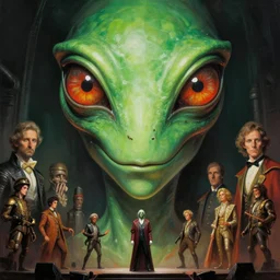 close up sci - fi concert poster art simon stalenhag reptile eyes, green skin, elegant, highly detailed, centered, digital painting, concept art, smooth, sharp focus, illustration, artgerm, tomasz alen kopera, peter mohrbacher, donato giancola, joseph christian leyendecker, wlop, frank frazetta