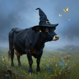 a detailed matte landscape painting of a cow standing in a grassy field wearing a witch hat, cow wearing hat!!!! viewed in profile, fog and flying glowing moths in the background, black and blue color scheme with gold highlights, in the style of discworld and harry potter, 8 k, octane render
