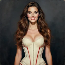 epic painting drawing, full portrait of a beautiful supermodel ( ( smiling lovingly ) ), long brown ( wavy ) hair in ivory and red corset, photography by amy leibowitz, wlop, jeremy lipkin, beeple, intricate, symmetrical front portrait, artgerm, dark smoky background