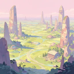 a scifi landscape illustration by Dan Mumford, by Tokio Aoyama,trending on artstation,intricate,2d,4k,pastel colors