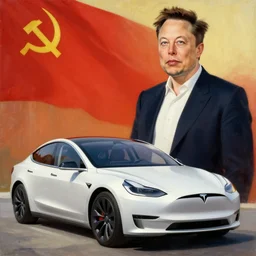 elon musk and tesla car, painting, soviet propaganda