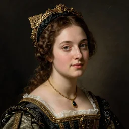 portrait of young woman in renaissance dress and renaissance headdress, art by francois boucher