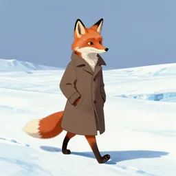 an anthropomorphic fox wearing a long coat walking across a glacier, paws in pockets, character illustration by Aaron Miller, Greg Rutkowski, thomas kinkade, Howard Pyle, disney, El Greco, Cynthia Sheppard