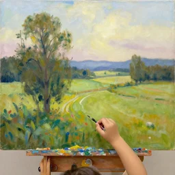 oil painting of a landscape, made by a 5-year-old Thomas Kinkade