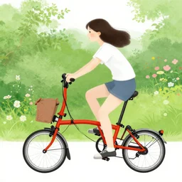 girl riding brompton bicycle in a garden, by chiho aoshima