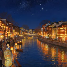 a beautiful painting of the view from the river of the lantern festival in ancient london, at night with a sky full of stars, intricate, elegant, highly detailed, digital painting, artstation, concept art, by krenz cushart and artem demura and alphonse mucha