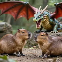 two animals : a little capybara and a dragon, a dragon growls at a capybara, many details, high quality, 8 k