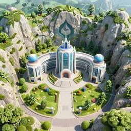 worm's eye view of overwatch headquarters carved inside a mountain surrounding a lush well kept garden, central waterfall, magical, natural light, fantasy, sharp focus, concept art, by greg rutkowski and craig mullins, cozy atmospheric