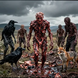 ugly filthy gross fleshy raw meat zombie raven deer fox. David Cronenberg. Body horror style. 35mm.