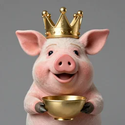pig wearing a gold crown as a Muppet holding a bowl 8k